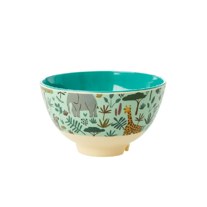 Frosted glass dinner bowls-Rice DK Melamine Bowl with Green All Over Jungle Animals Print - Two Tone - Small