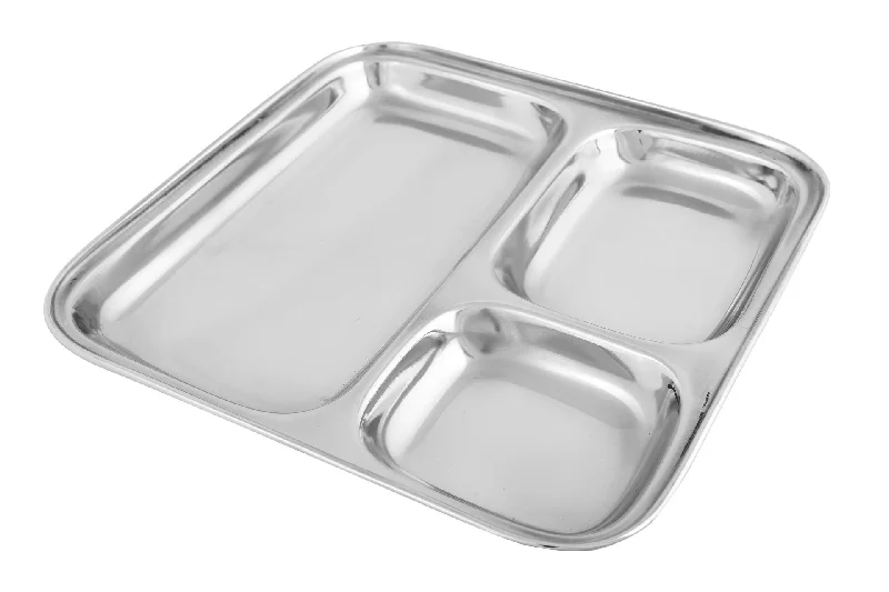 Glossy white tableware sets-Stainless Steel Square Pav Bhaji Thali Plate, 9.5"