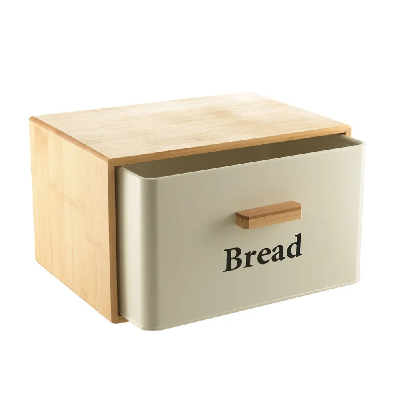 Outdoor acrylic picnic plates-Bread Bin White Metal with Bamboo Cover 30x23x18cm