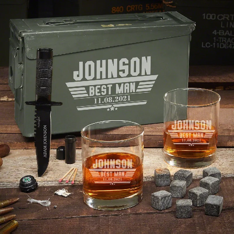 Durable enamel travel cups-Personalized Ammo Can & Whiskey Groomsmen Gift Set - 5pc