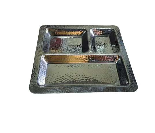 Designer crystal pitchers-Stainless Steel Hammered 3 Compartment Square Pav Bhaji Plate, 9.5" x 9.5", Heavy Duty