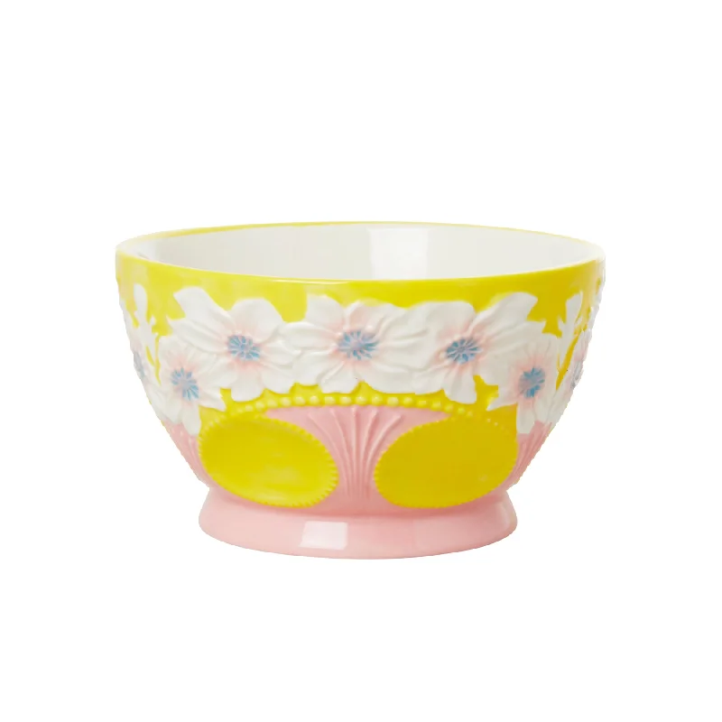 Vintage etched dessert bowls-Rice DK Medium Ceramic Bowl with Embossed Flower Design - Yellow