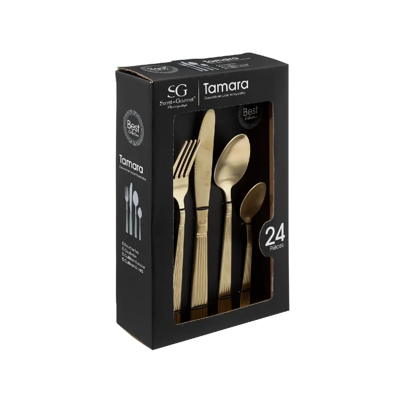 Handmade ceramic platters-Five Tamara 24 Piece Stainless Steel Cutlery Set Gold