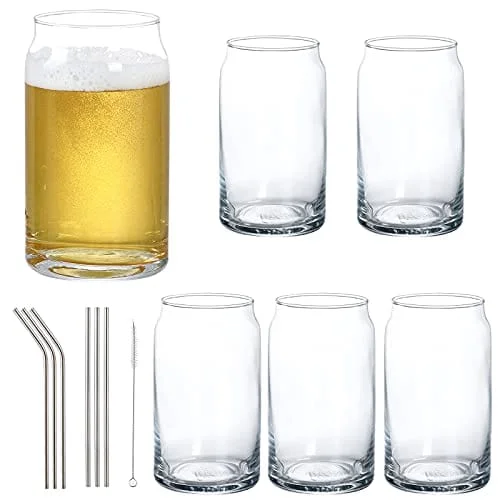 Artisan pottery teacups-16 oz Beer Glasses, 6 Pack Beer Can Glass Pint Drinking Glass Cups With Straws, Suitable for juice, beer, soda, iced drinks and cocktails