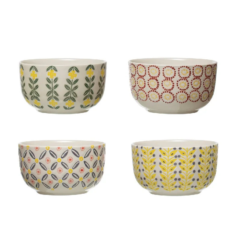 Cute kids’ cartoon trays-Hand-Stamped Stoneware Bowls with Floral Patterns, Set of 4 Styles