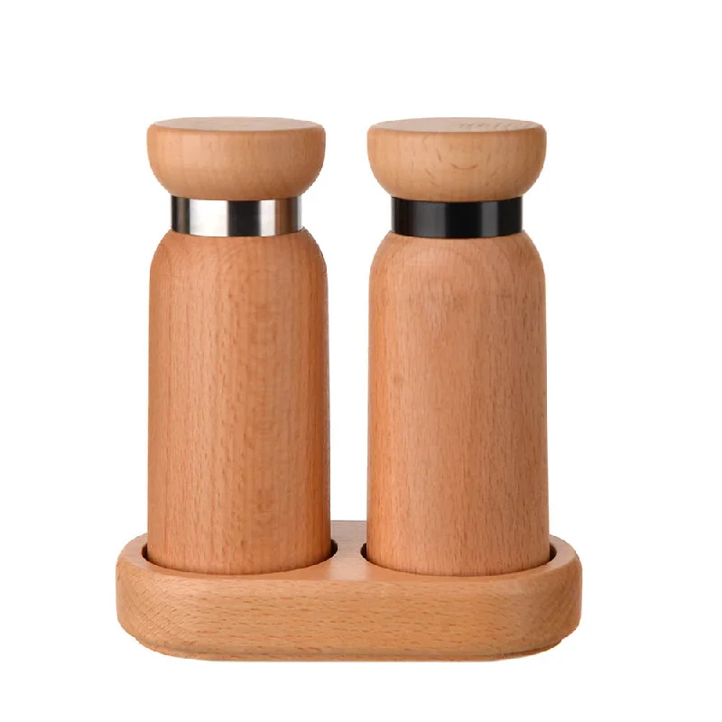 Microwave-safe ceramic dishes-Premium Beech Wood Salt & Pepper Grinders with Tray