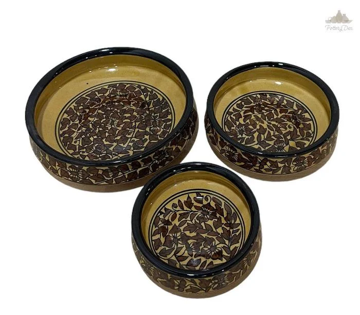 Modern wooden salad trays-Traditional Brown Shallow Serving Bowl | Hand Painted |  Set of 3 | Ceramic Pottery | Ideal for serving food items