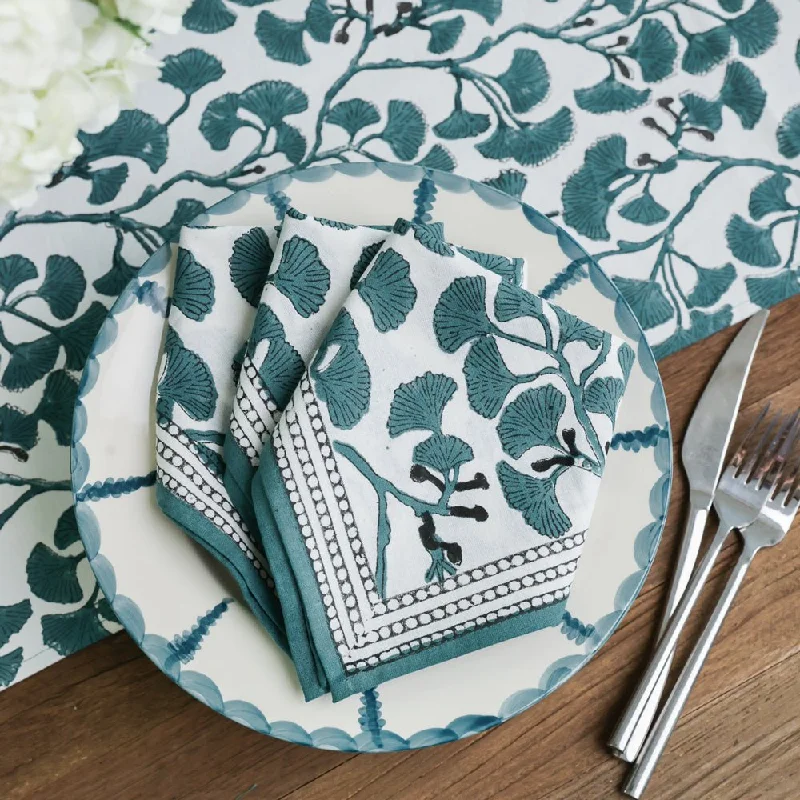 Elegant silver dessert knives-Ginkgo Teal Napkins | Set of 4