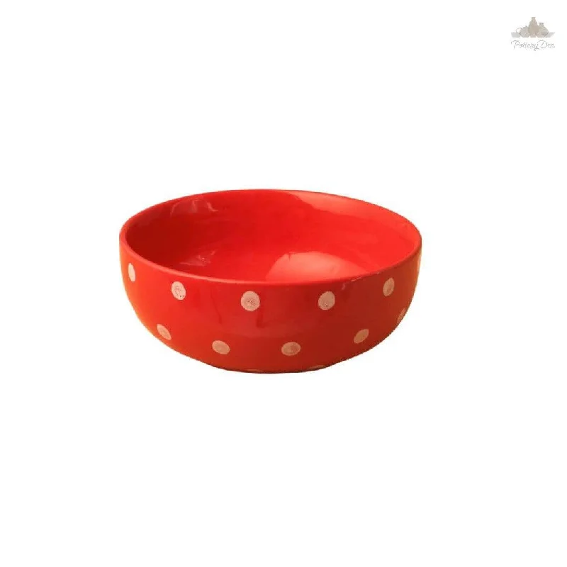 Elegant crystal salad bowls-Red Polka Dots Serving Bowl| Height 7.5 cm | Diameter 19 cm | Hand Painted |  Set of 1 | Ceramic Pottery | Ideal for serving food items