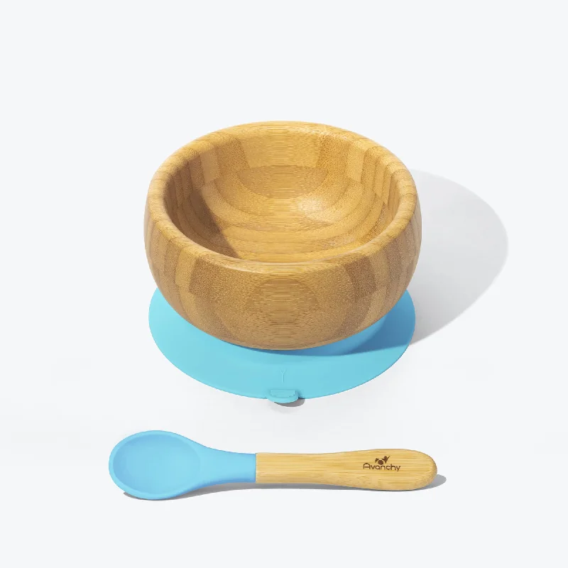 Modern porcelain salad plates-Avanchy Bamboo Suction Baby Bowl + Spoon - Blue