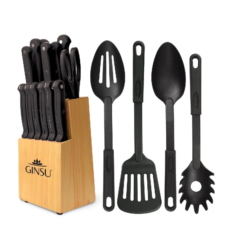 Stylish silver-plated cutlery-Ginsu Kiso Dishwasher Safe Black 18 Piece Set Natural Block