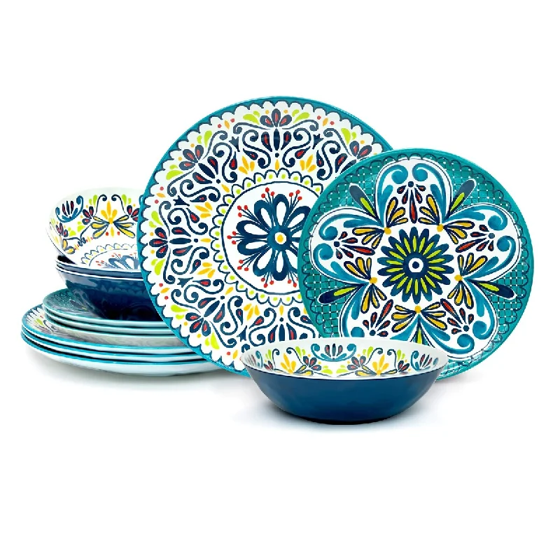 Melamine Dinnerware Set, 12-Piece, Service for 4, Medallion (Cool)