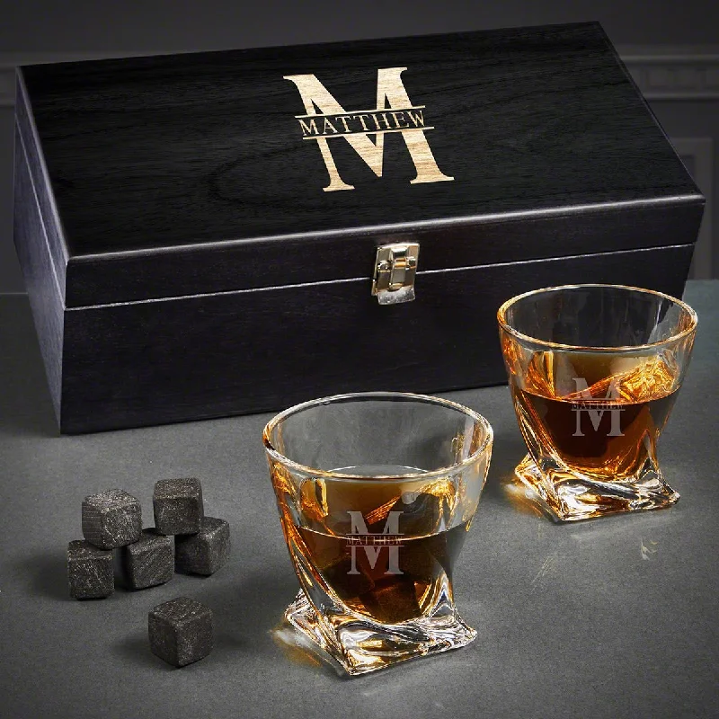 Double-walled glass travel mugs-Engraved Twist Whiskey Gifts - Ebony Box