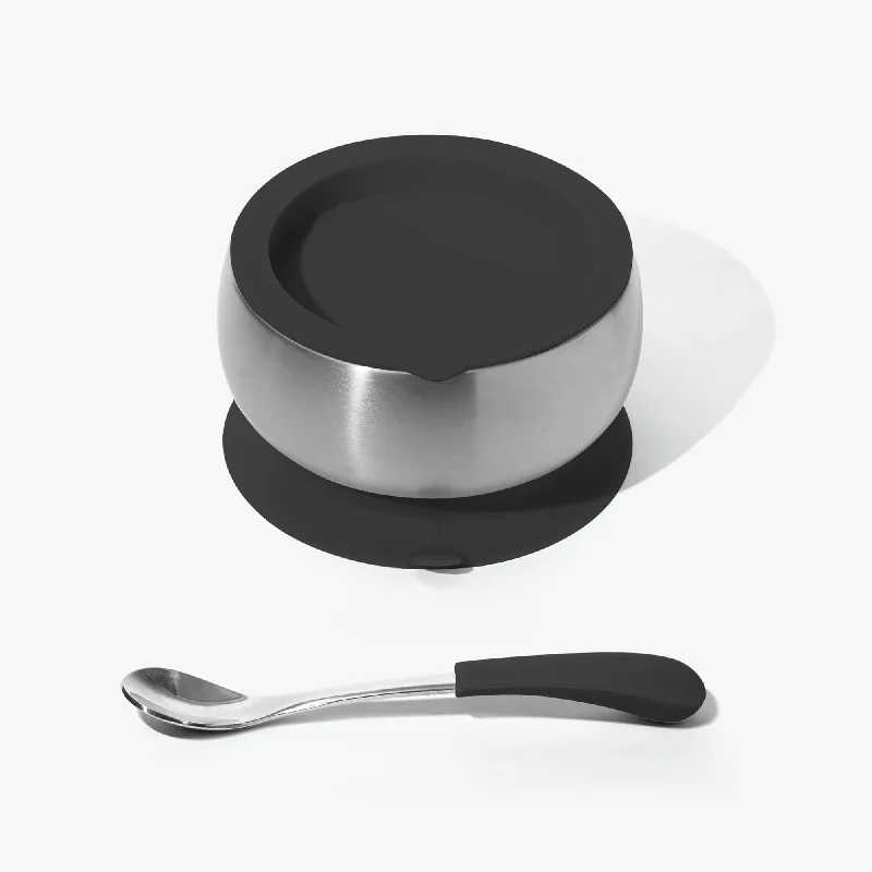 Modern ceramic dessert plates-Avanchy Stainless Steel Baby Bowl With Spoon Combo + Air Tight Lid - Black