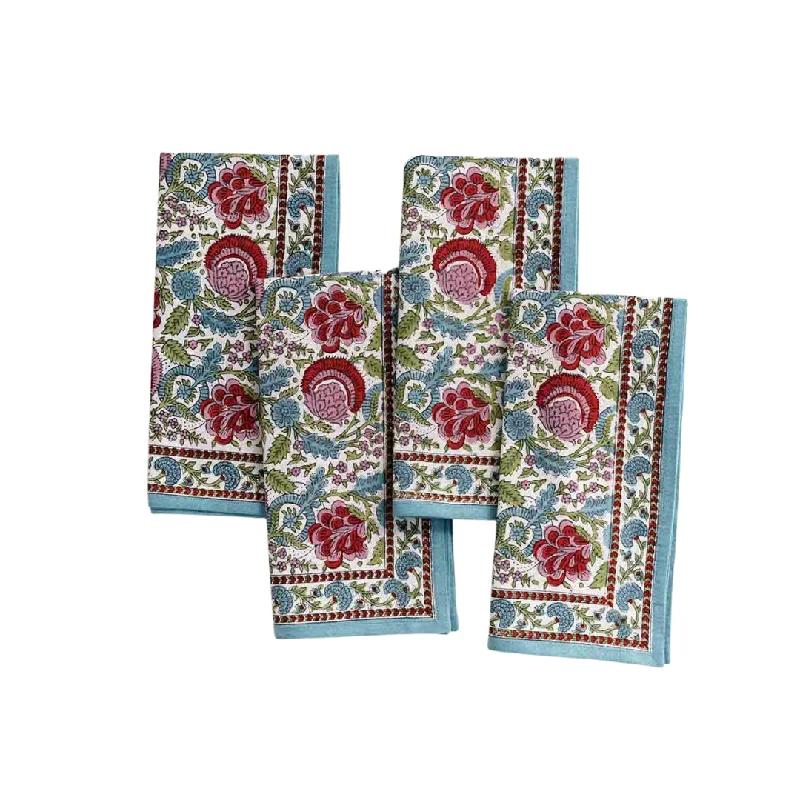 Glossy white tableware sets-Turquoise Floral Napkins Set Of 4