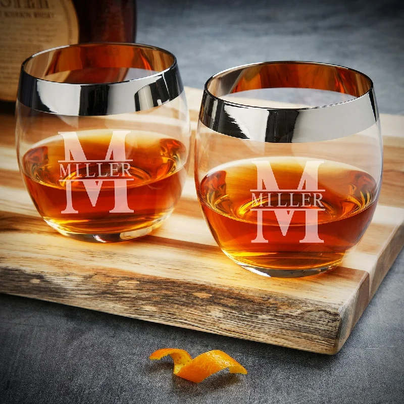 Spill-proof stainless steel cups-Davenport Engraved Crystal Whiskey Glass Set of 2, with Silver Chrome Rim