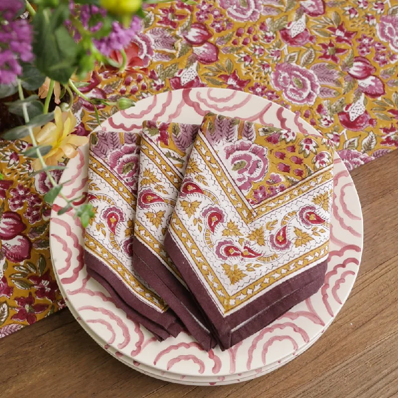 Modern wooden salad trays-Pomegranate Garden Plum & Ochre Napkin | Set of 4