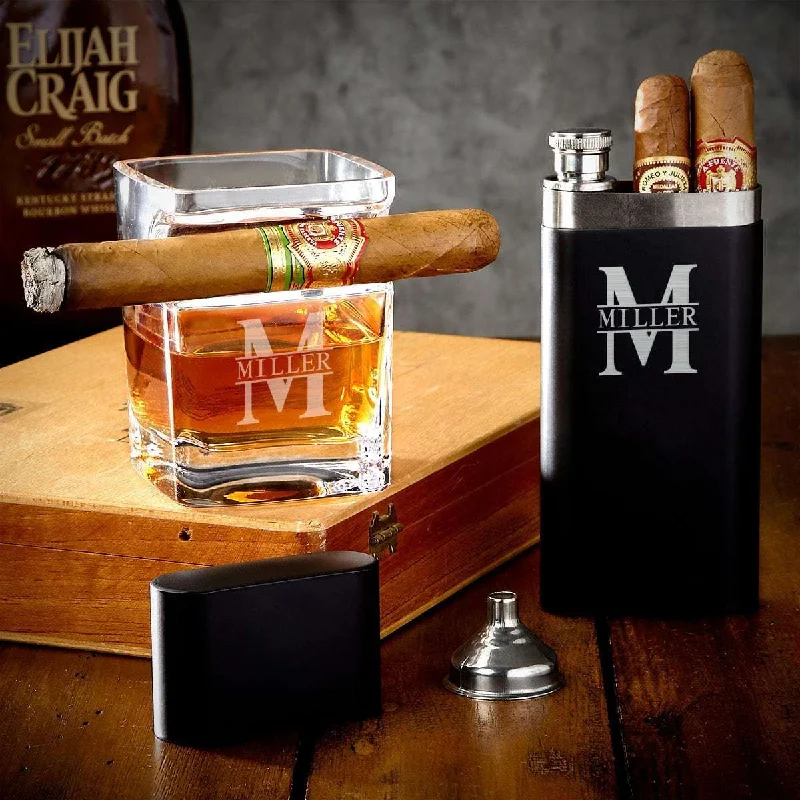 Compact ceramic travel mugs-Personalized Cigar Gift Set with Sheffield Cigar Flask and Whiskey Glass with Cigar Holder