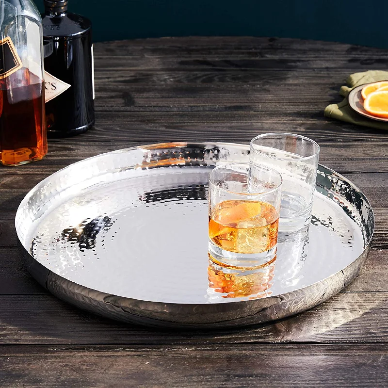 Festive Thanksgiving tableware-Stainless Steel Heavy Duty Hammered Upright Rim Decorative Thali or Serving Tray, 12"