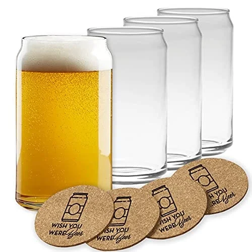 Glitter-decorated water cups-Beer Can Glasses Set of 4- Can Shaped Beer Glass Cups - Holds 16 Oz- Cork Coasters Included in Set- Soda Pop Can Shaped Beer Glasses are Nucleated for Better Tasting Beer