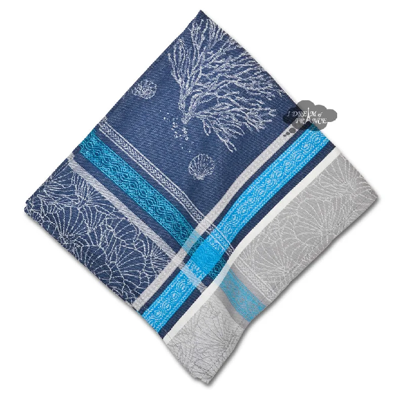 Handmade ceramic platters-Oceane Blue French Cotton Jacquard Napkin by Tissus Toselli