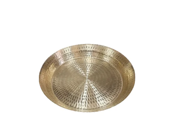 Sustainable bamboo cutlery sets-Pure Brass Round Decorative Display Tray, 14", Hammered Finish