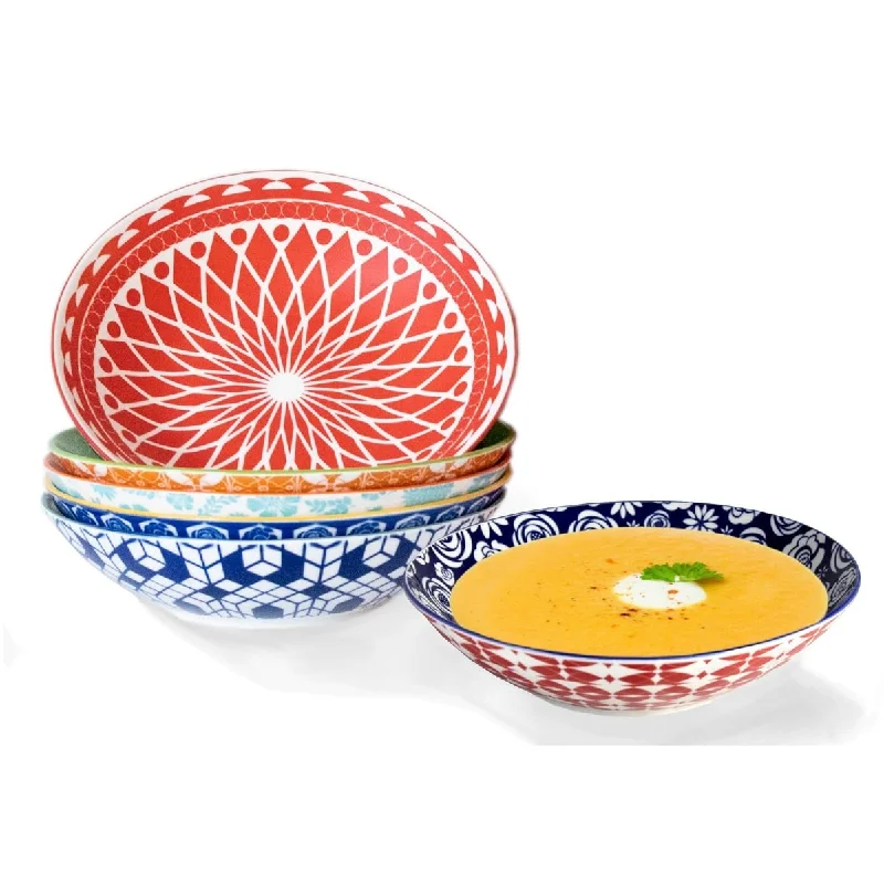 Handcrafted clay dinner bowls-42 oz Bowls Large Soup and Pasta Bowls Set of 6 Colorful Porcelain Shallow Bowl Plates for Soup, Pasta