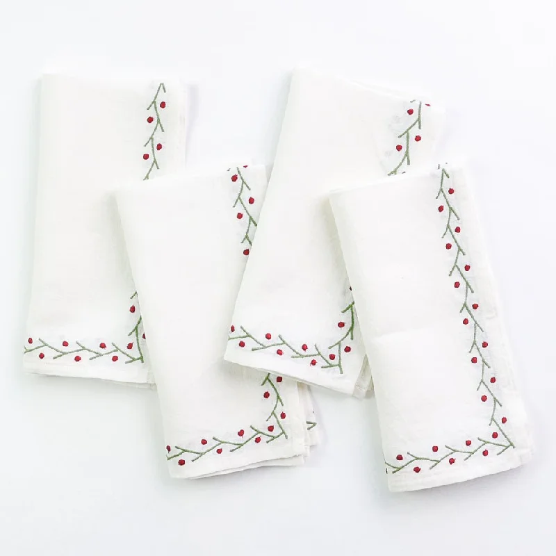 Elegant gold-plated forks-Twig & Dot Red & Green Embroidered Linen Napkin | Set of 4