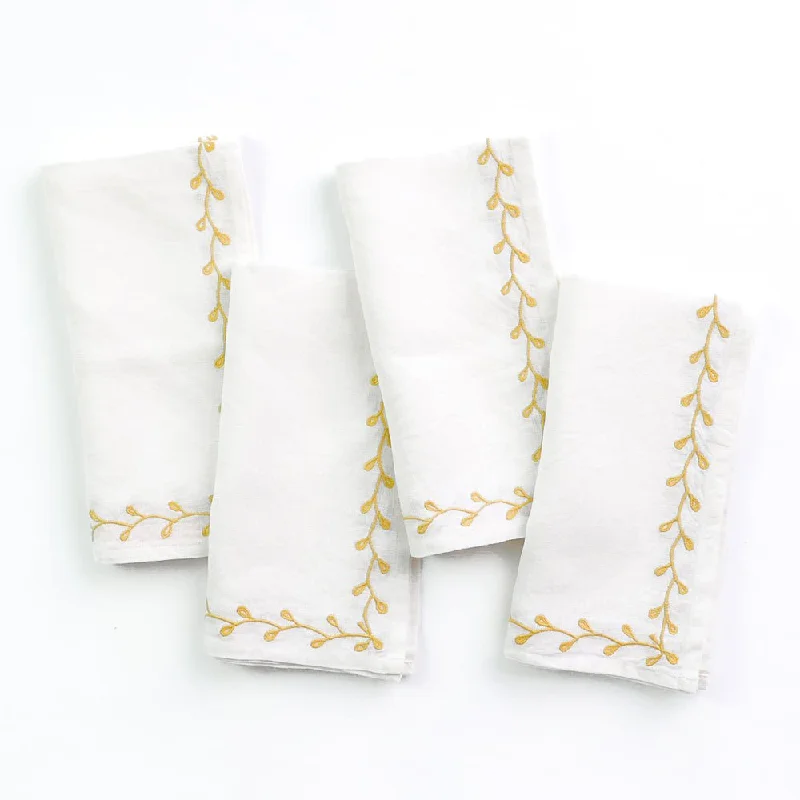 Modern porcelain serving dishes-Twig & Bud Mustard Embroidered Linen Napkin | Set of 4