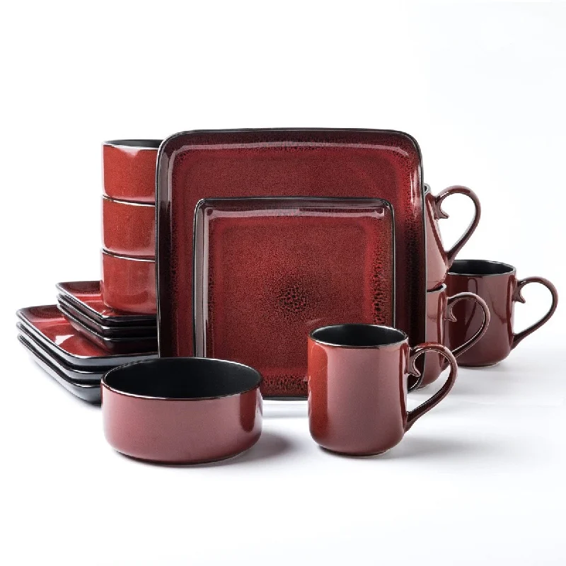 Outdoor acrylic picnic plates-Square Stoneware 16pc Dinnerware Set for 4, Dinner Plates, Side Plates, Cereal Bowls, Mugs - Reactive Glaze Red (485450)