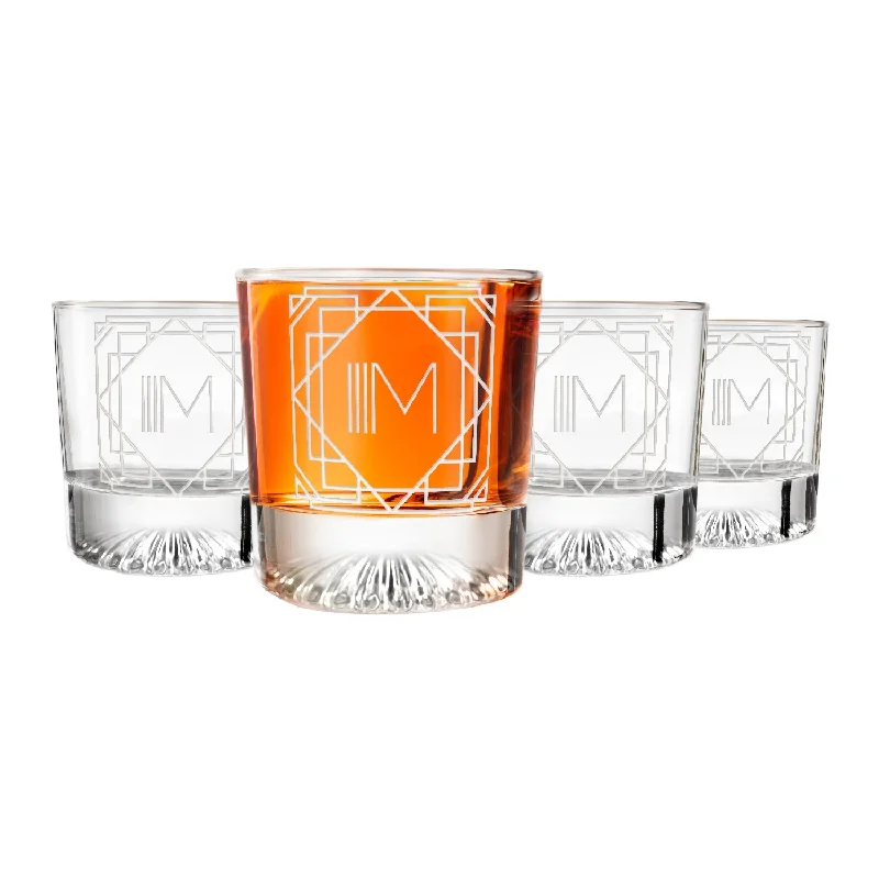 Elegant bronze-rimmed teacups-Letter M Monogram Art Deco Etched Whiskey Glasses - Set of 4