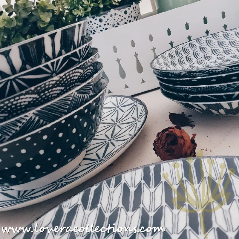 Compact camping tableware-*60% CLEARANCE SALE* Awasaka Black & White Modern Assorted Prints Dinnerware Sets