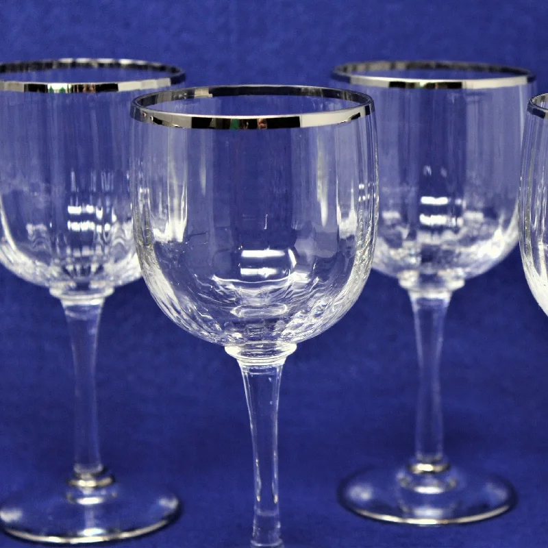 Elegant silver-rimmed mugs-Wine Glasses, Claret, Ribbed Bowl, Set of 8, Vintage