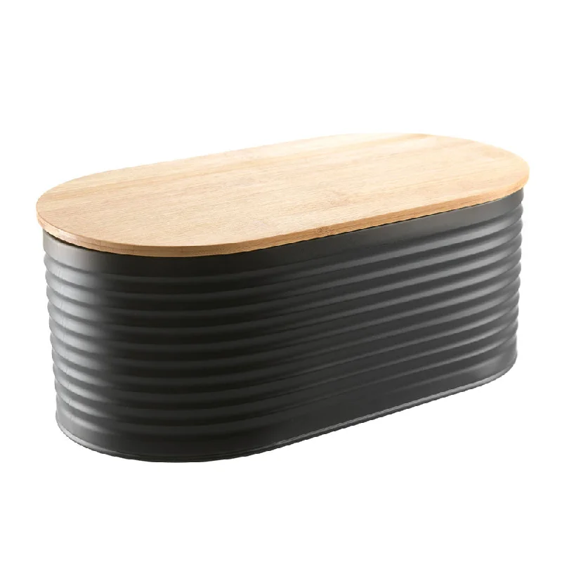 Lightweight wooden forks-Bread Bin Black Metal with Bamboo Lid 34x19x13cm