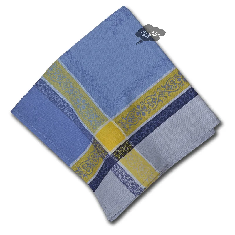 Elegant green dinnerware sets-Olivia Blue & Yellow French Cotton Jacquard Napkin by Tissus Toselli