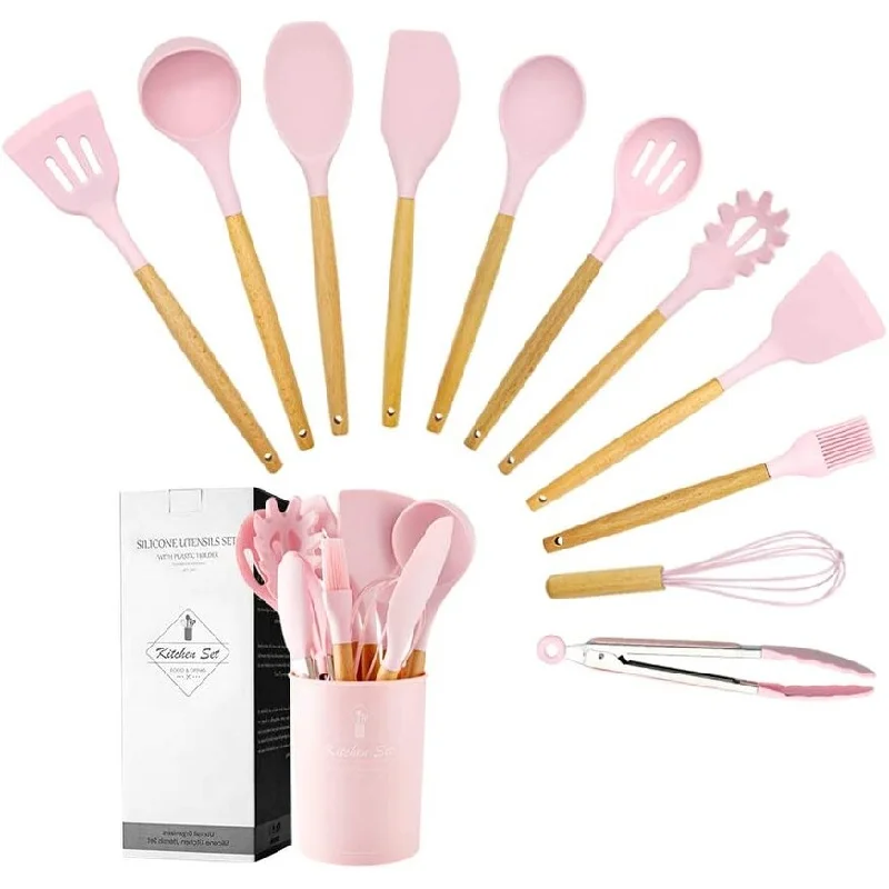 Vintage floral glass pitchers-Silicone Kitchen Utensil Set, 11 Pieces Cooking Utensil with Wooden Handles