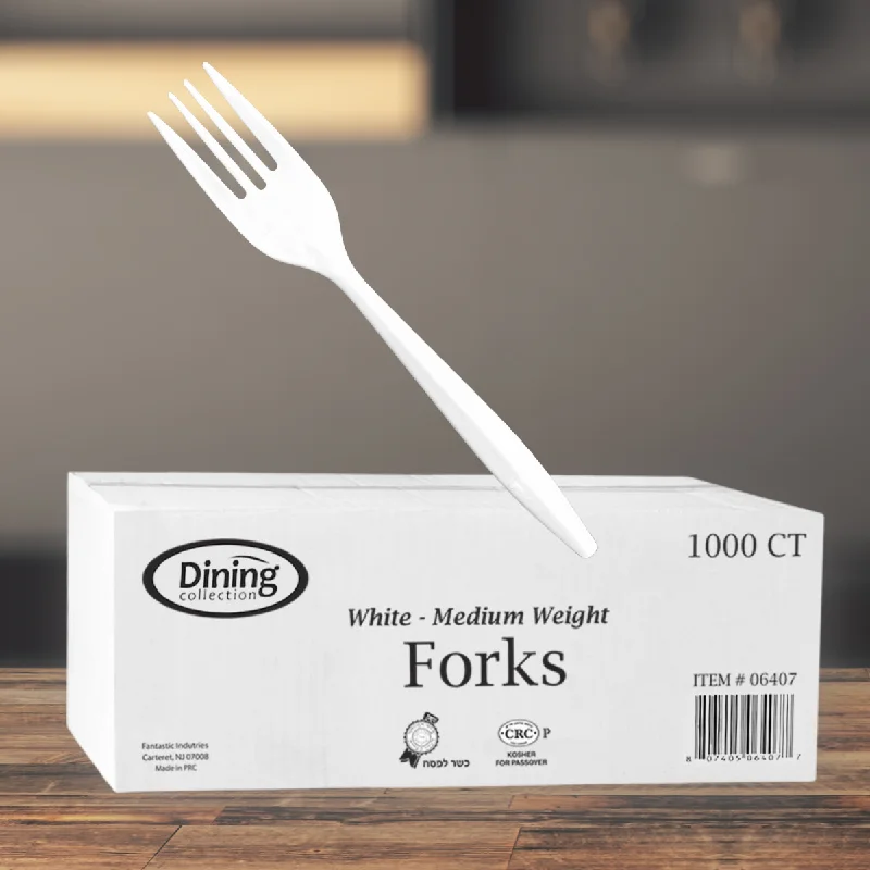 Outdoor acrylic picnic plates-Dining Collection Forks - Medium Weight - White Plastic - 1000 ct. (#06407)