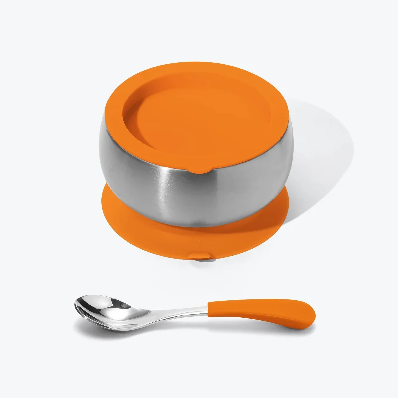 Shatter-resistant glass plates-Avanchy Stainless Steel Baby Bowl With Spoon Combo + Air Tight Lid - Orange