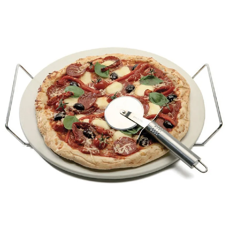 Luxury silver-rimmed dinnerware-Pizza Stone 33Cm with Rack & Stainless Steel Cutter