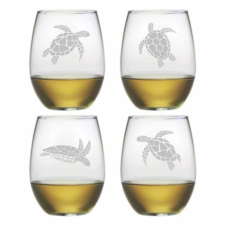 Luxury crystal drinking mugs-Sea Turtle Assorted 21 oz Stemless Red Wine Glasses Set of 4