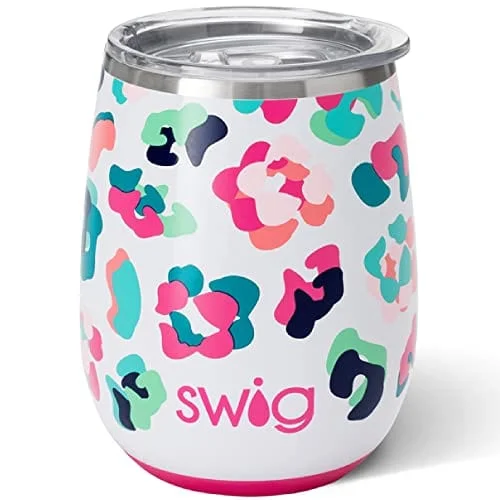 Personalized name travel tumblers-Swig Life 14oz Wine Tumbler with Lid, Stainless Steel, Dishwasher Safe, Portable, Triple Insulated Wine Tumbler in Party Animal Leopard Print