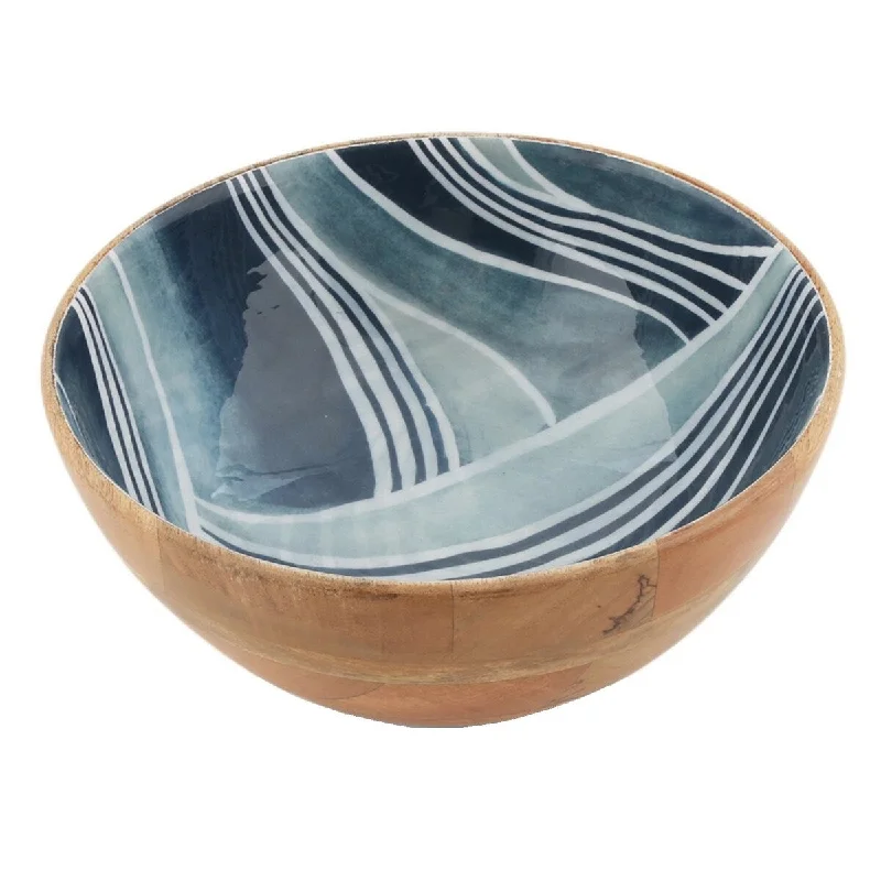 Modern glass serving spoons-Thirstystone Wood & Enamel Salad Bowl Blue - 12.6 x 12.4 x 6.7