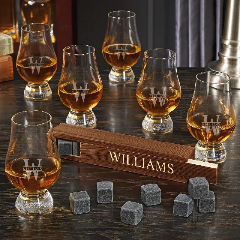 Rustic wooden beer mugs-Engraved Whiskey Stone Set with 6 Glencairn Whiskey Tasting Glasses