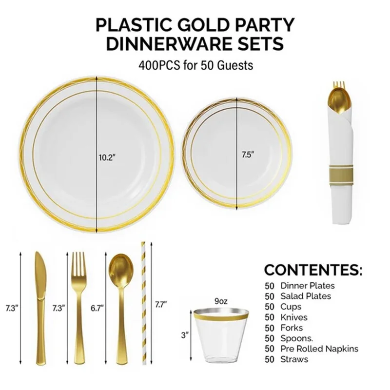 Dishwasher-safe plastic trays-800 Pieces Gold Pre Rolled Napkins Disposable Dinnerware Set