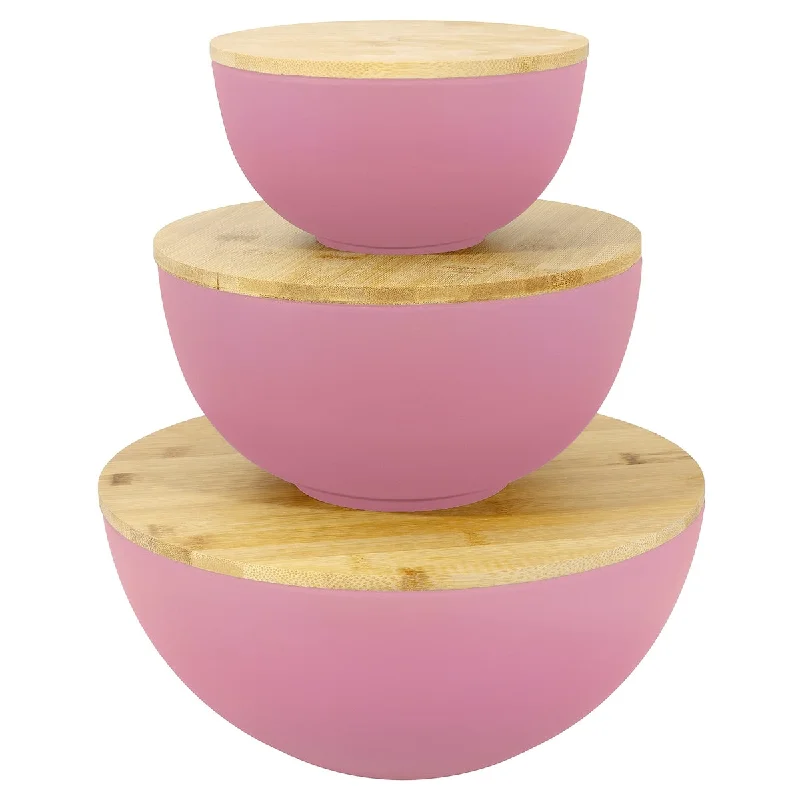 Eco-friendly wooden ladles-Large Salad Bowl with Lid - Set of 3 Salad Bowls with Wooden Lids, Bamboo Fibre like Melamine Mixing Bowl & Storage Set