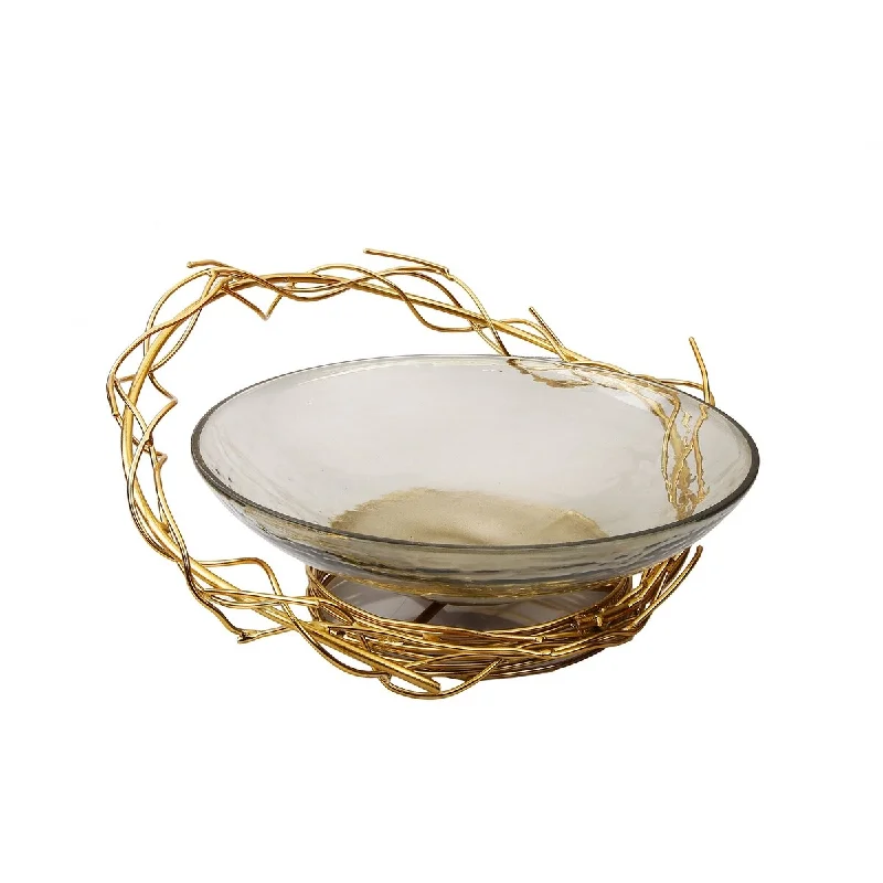 Handcrafted pottery side plates-Smoked Glass Centerpiece Bowl with Gold Twig Design