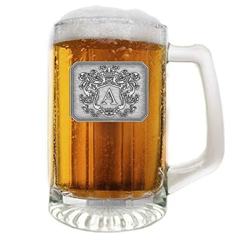 Rustic bamboo tumblers-Glass Beer Mug Stein Hand Crafted Monogram Initial Pewter Engraved Large Crest with Letter A by Fine Occasion (A, 25 oz)