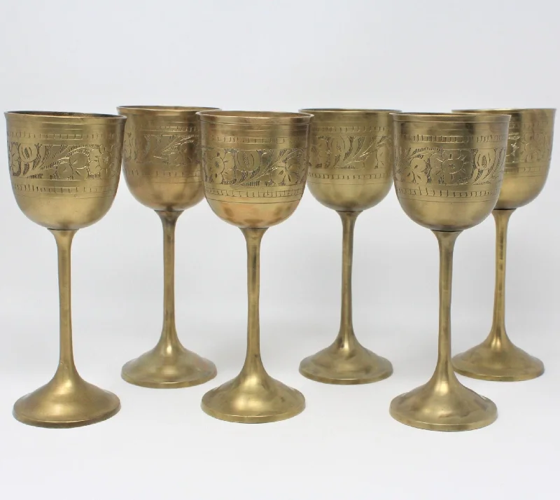 Sleek aluminum water mugs-Wine Glasses, Hand Carved Brass, Set of 6, Vintage