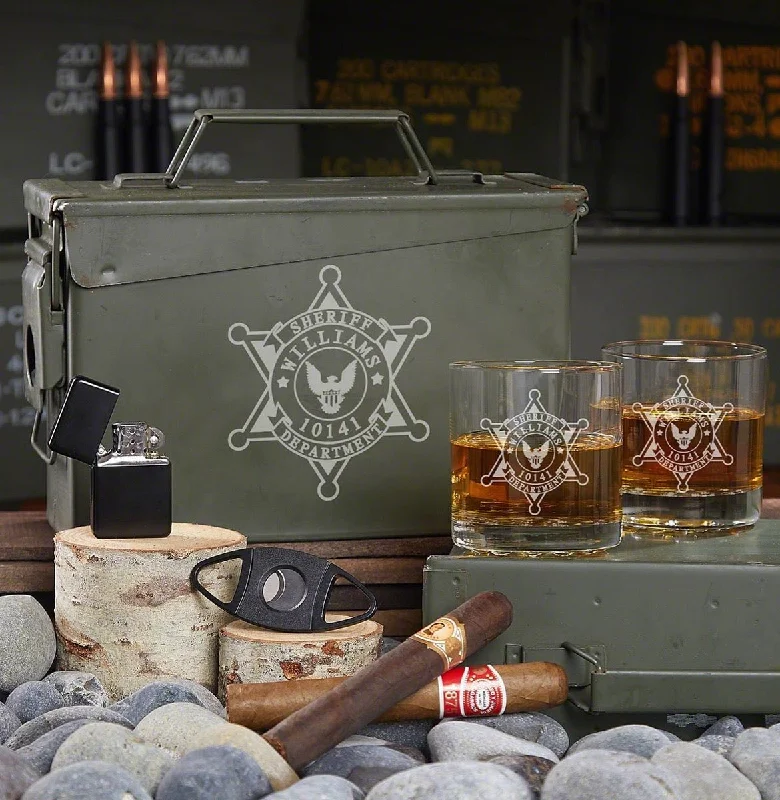 Luxury gold-rimmed tumblers-Custom Whiskey & Cigar Gifts with 30 Caliber Ammo Box