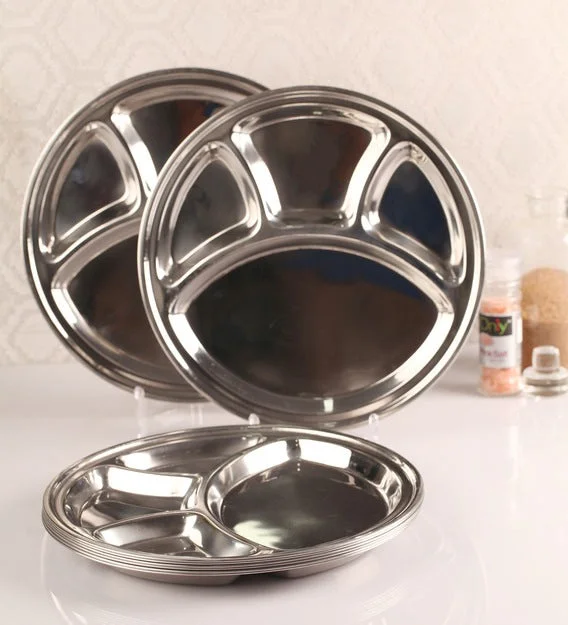 Stackable stoneware side plates-Stainless Steel Round Thali Plate or Mess Tray - 4 Compartments